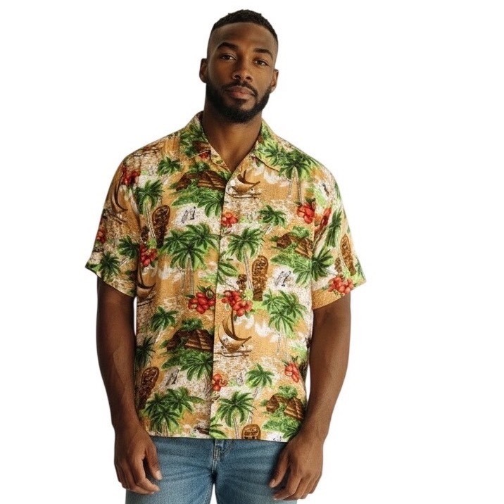 Everest Collection Mens Hawaiian Shirt Lg Tan Tiki Palm Tree Rayon Short Sleeve